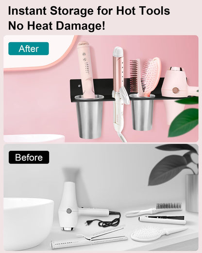 Hair Tool Organizer, Hair Dryer Holder with Heatproof Steel Cups, Acrylic Vanity Organizer for Curling Iron, Flat Iron & Hair Brushes, Perfect for Bathroom (White, Standard)