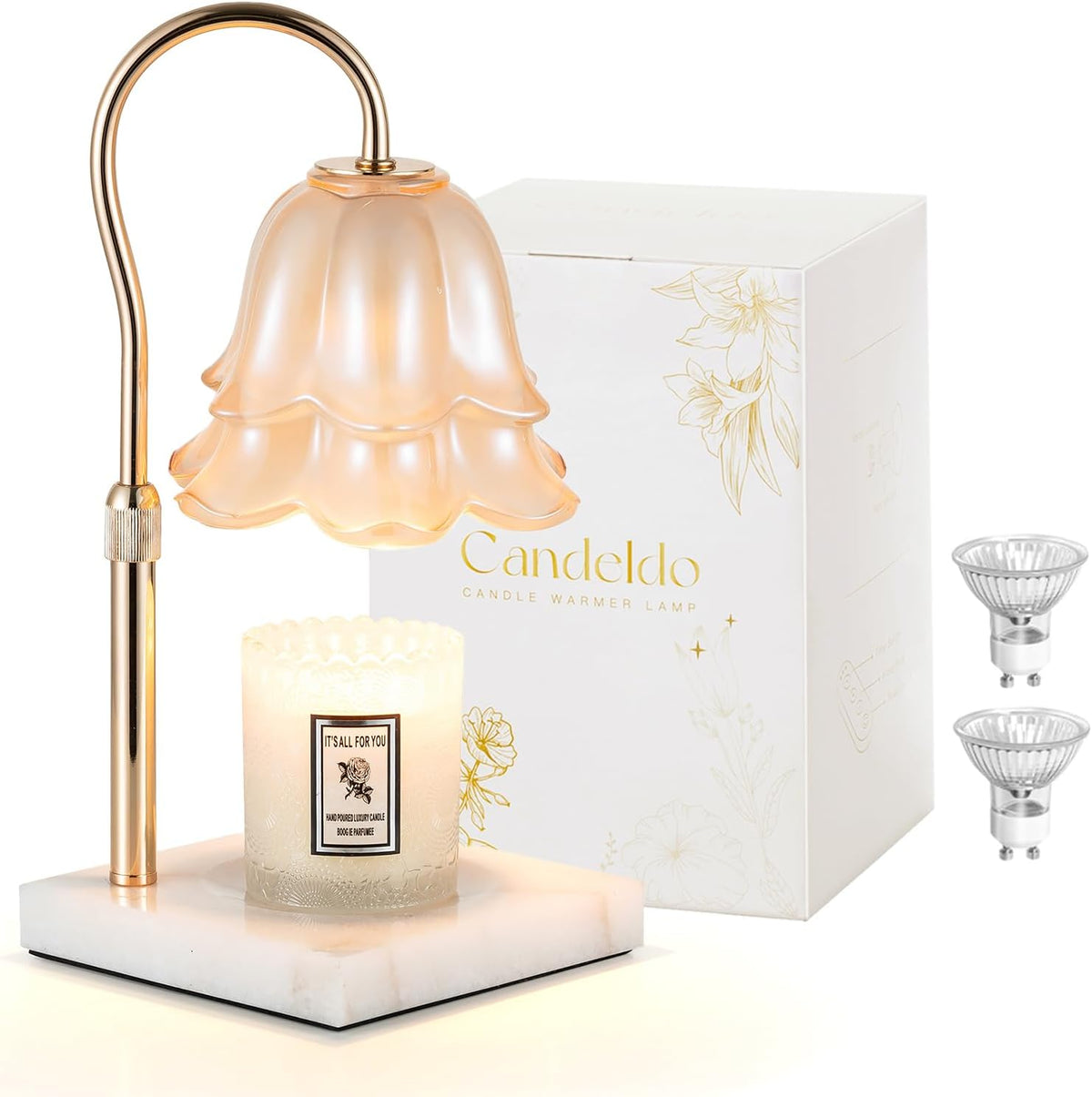 Candeldo Candle Warmer Lamp with Timer, Gold Flower Glass Shade
