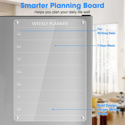 Acrylic Meal Planner Weekly Calendar Menu Board for Kitchen, w/ 8 Markers | Clear Weekly Fridge Calendar Planning Note Board Dry Erase to Do/Grocery/Shopping List/Chore Chart, 12.8x9’’