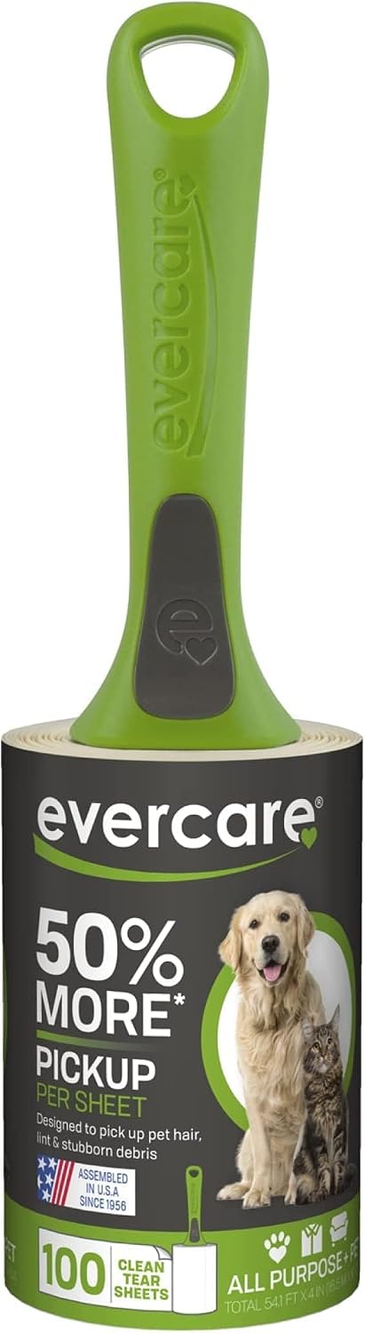 Evercare Pet Hair Lint Rollers All Purpose Use 100 Easy-Tear Sheets Per Roll Reusable Sticky Roller Pets Cat & Dog Hair Remover Contoured Handle For Furniture Clothing & Cars, Set of 3, Green