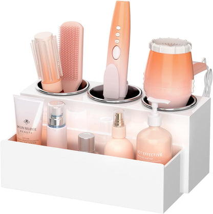 NIUBEE Acrylic Hair Tool Organizer,Hair Blow Dryer Holder with 3 Cups,White | Acrylic Hot Tools Organizer,Hair Organizer Storage Countertop,Blow Dryer Holder for Curling Iron,Brush, Straightener,Bathroom