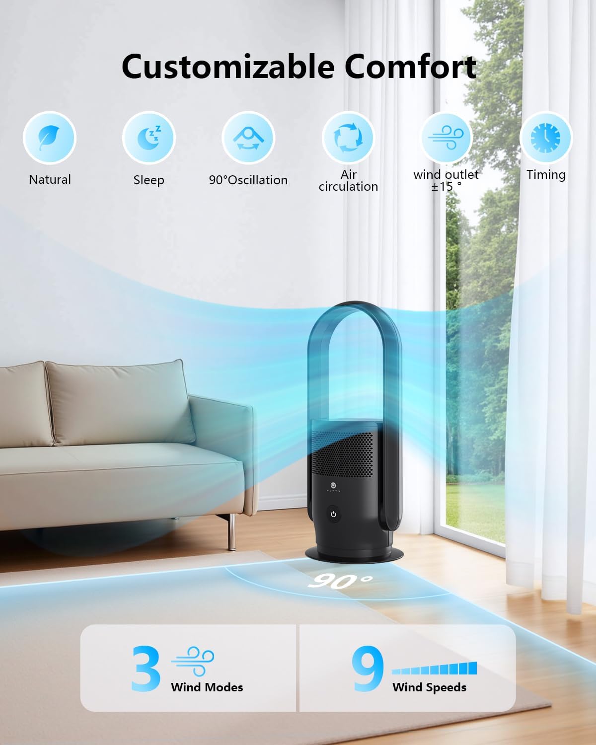 ULTTY Bladeless Tower Fan and Air Purifier Combo, Quiet Oscillating Fan with Remote & Touch Control, 9 Speeds, 8H Timer, HEPA Air Filter, Safe Floor Fan for Bedroom Home Office Black, 23.5"inch