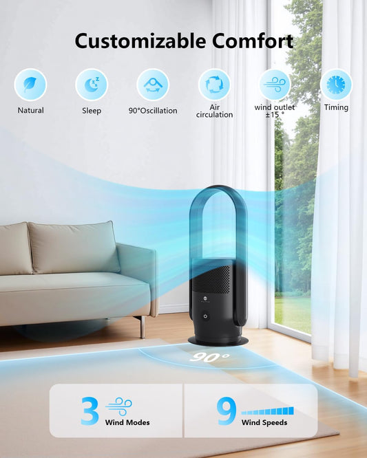 ULTTY Bladeless Tower Fan and Air Purifier Combo, Quiet Oscillating Fan with Remote & Touch Control, 9 Speeds, 8H Timer, HEPA Air Filter, Safe Floor Fan for Bedroom Home Office Black, 23.5"inch