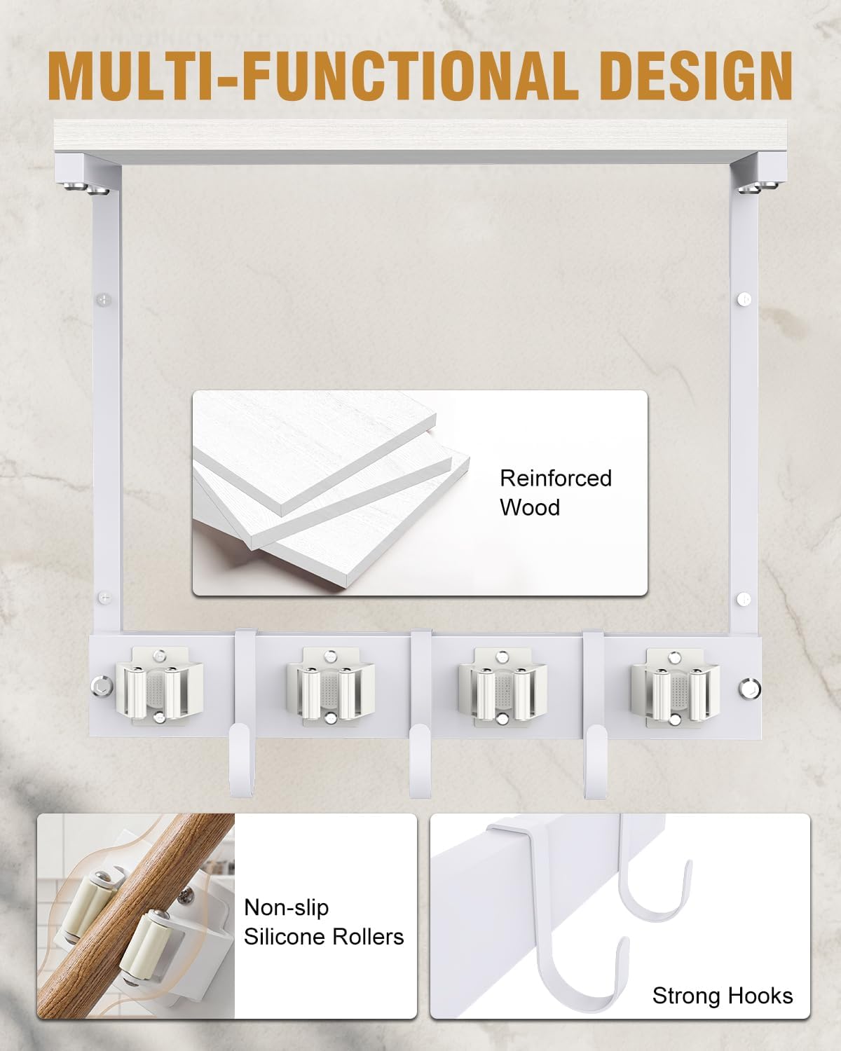Large Broom Holder Wall Mount with Shelf, Vacuum Organizer, 5 Slots 5 Hooks | Black, 3-In-1 Wall Mount Stores Brooms/Mops/Vacuum, Cleaning Supplies With 5 Grippers/5 Hooks And A Sturdy Wooden Top Shelf