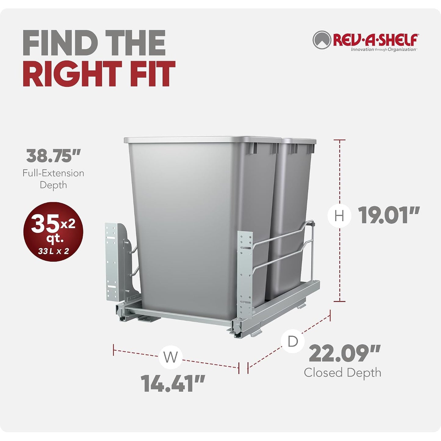Rev-A-Shelf Double Pullout Trash Can w/Soft-Close Slides, 14.5" Min Opening | Large Capacity Garbage/ Recycling Waste Bins for Under Kitchen Cabinets, Heavy Gauge Wire Construction, 53WC-1835SCDM-211