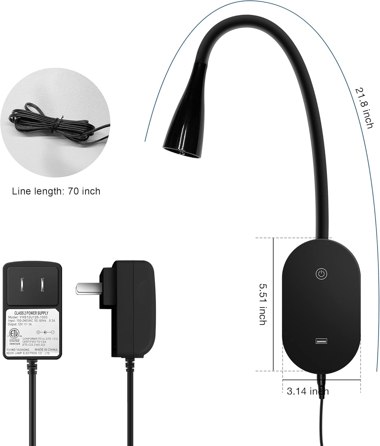 Wall Mount Reading Light, Focused Book Light for Reading in Bed, 5 Dimming, USB Output, 4 Hours Auto Off, Touch Control, Flexible Gooseneck Headboard Reading Lamp, Easy to Install White | Focused bedside light with touch dimming, flexible gooseneck, USB