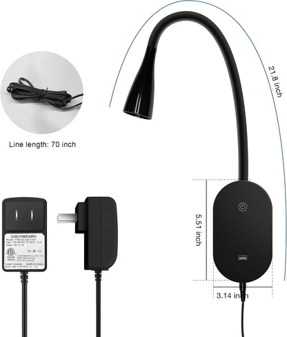 Wall Mount Reading Light, Focused Book Light for Reading in Bed, 5 Dimming, USB Output, 4 Hours Auto Off, Touch Control, Flexible Gooseneck Headboard Reading Lamp, Easy to Install White