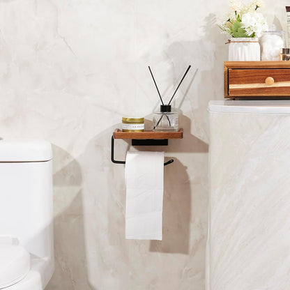 Toilet Paper Holder with Shelf: Wall Mount Bathroom Tissue Storage | Acacia Wood Shelf w/Adhesive/Screw - Matte Black Aluminum Alloy Bathroom Accessories Wood Shelf for Phone Wipes