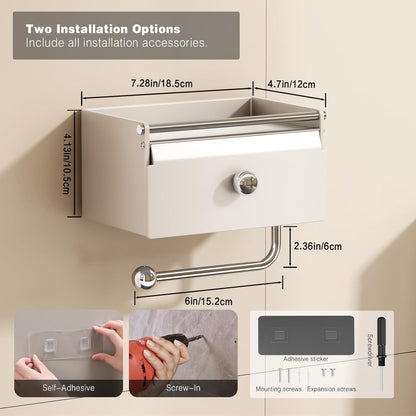 Voldra Toilet Paper Holder with Shelf, Flushable Wipes Dispenser for Bathroom, Adhesive Toilet Paper Roll Holder with Storage Wall Mount Stick On Bathroom Tissue Holder Front Flip Design (Matte Black)
