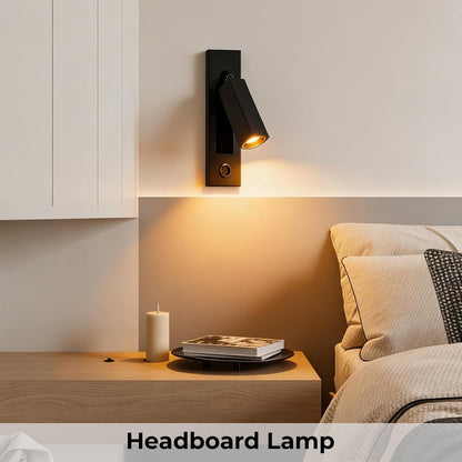 Wall Mounted Reading Light with USB, LED Bedside Reading Light with Switch, Adjustable Recessed Headboard Reading Lights Wall Sconce for Reading, Hardwired Reading Spotlight for Bedroom (Black)