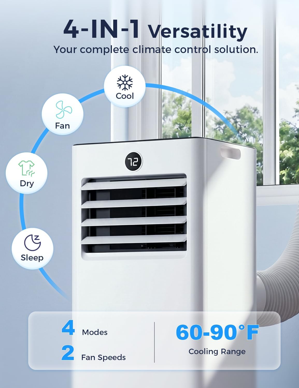 14000BTU Portable Air Conditioner, 4-in-1 700 Sq. Ft, Quiet for room | 14000BTU AC cools 700sq.ft, 4-in-1 cool/fan/dry/sleep, quiet, LED, remote, 24H timer, kit, for bed/office/dorm.