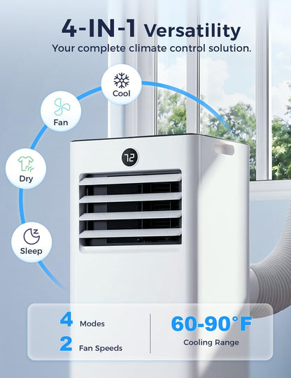 14000BTU Portable Air Conditioner, 4-in-1 700 Sq. Ft, Quiet for room | 14000BTU AC cools 700sq.ft, 4-in-1 cool/fan/dry/sleep, quiet, LED, remote, 24H timer, kit, for bed/office/dorm.