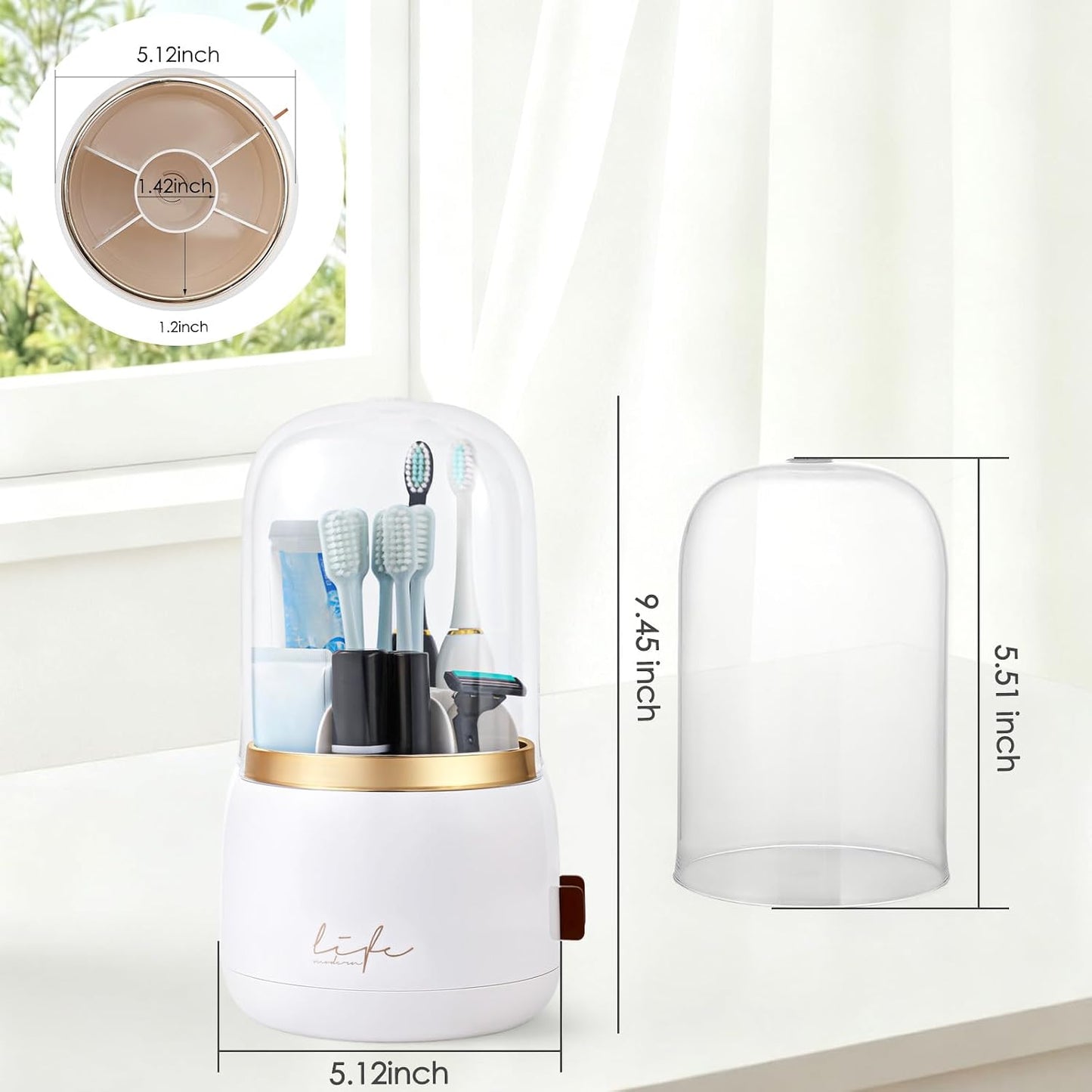 Toothbrush Holders, Toothbrush Holders for Bathrooms, Makeup Brush Holder | Toothbrush and Toothpaste Holder, Rotatable Toothbrush Holder with Transparent Dust Cover, Multi Drainage Vent Holes