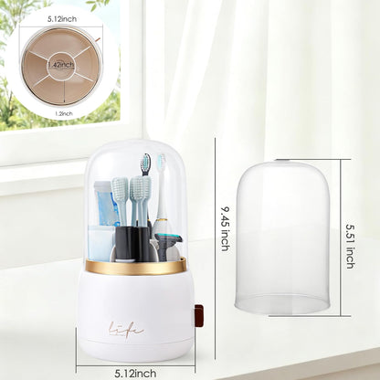 Toothbrush Holders, Toothbrush Holders for Bathrooms, Makeup Brush Holder | Toothbrush and Toothpaste Holder, Rotatable Toothbrush Holder with Transparent Dust Cover, Multi Drainage Vent Holes