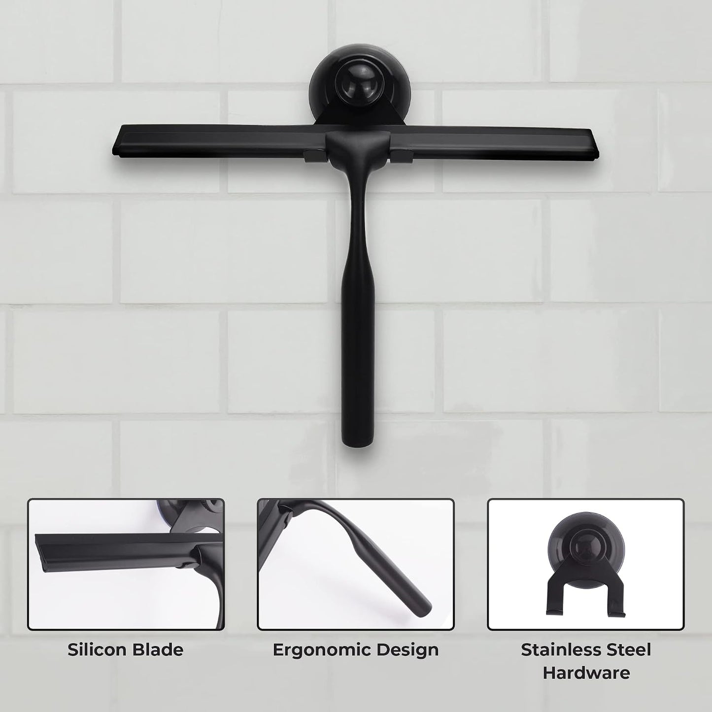 Matte Black Shower Squeegee for Glass Doors with Adhesive Hooks, Squeegee for Shower Glass, Cleaner Tool for Bathroom Household Window Mirror Tile Wall Car, 10 Inch Black
