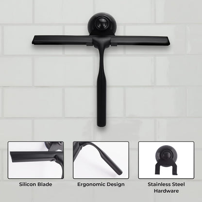 Matte Black Shower Squeegee for Glass Doors with Adhesive Hooks, Squeegee for Shower Glass, Cleaner Tool for Bathroom Household Window Mirror Tile Wall Car, 10 Inch Black