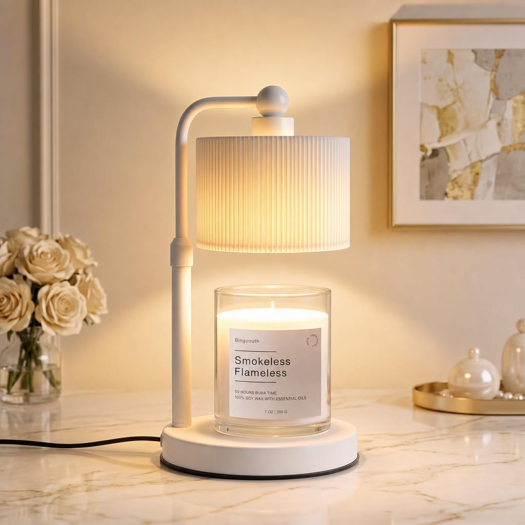 Candle Warmer Lamp with Timer, Modern Farmhouse Candle Warmer for jar Candles, Electric Wax Warmer, Includes 2 Bulbs, Housewarming, Birthday Gift for Women, Mom - White Pleated