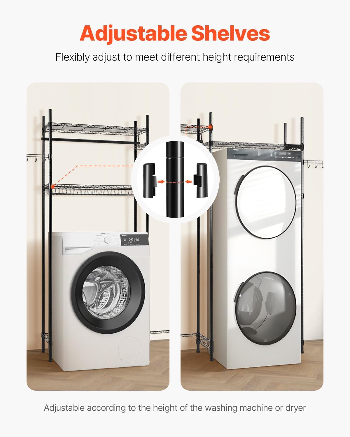 VEVOR Over The Washer and Dryer Storage Shelf, 3 Tier Laundry Room Drying Rack with Hanger Rod and Hooks, Adjustable Over Washer and Dryer Shelves, Laundry Room Shelf Storage Space Saver, White