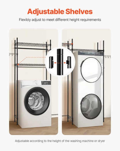 VEVOR Over The Washer and Dryer Storage Shelf, 3 Tier Laundry Room Drying Rack with Hanger Rod and Hooks, Adjustable Over Washer and Dryer Shelves, Laundry Room Shelf Storage Space Saver, White