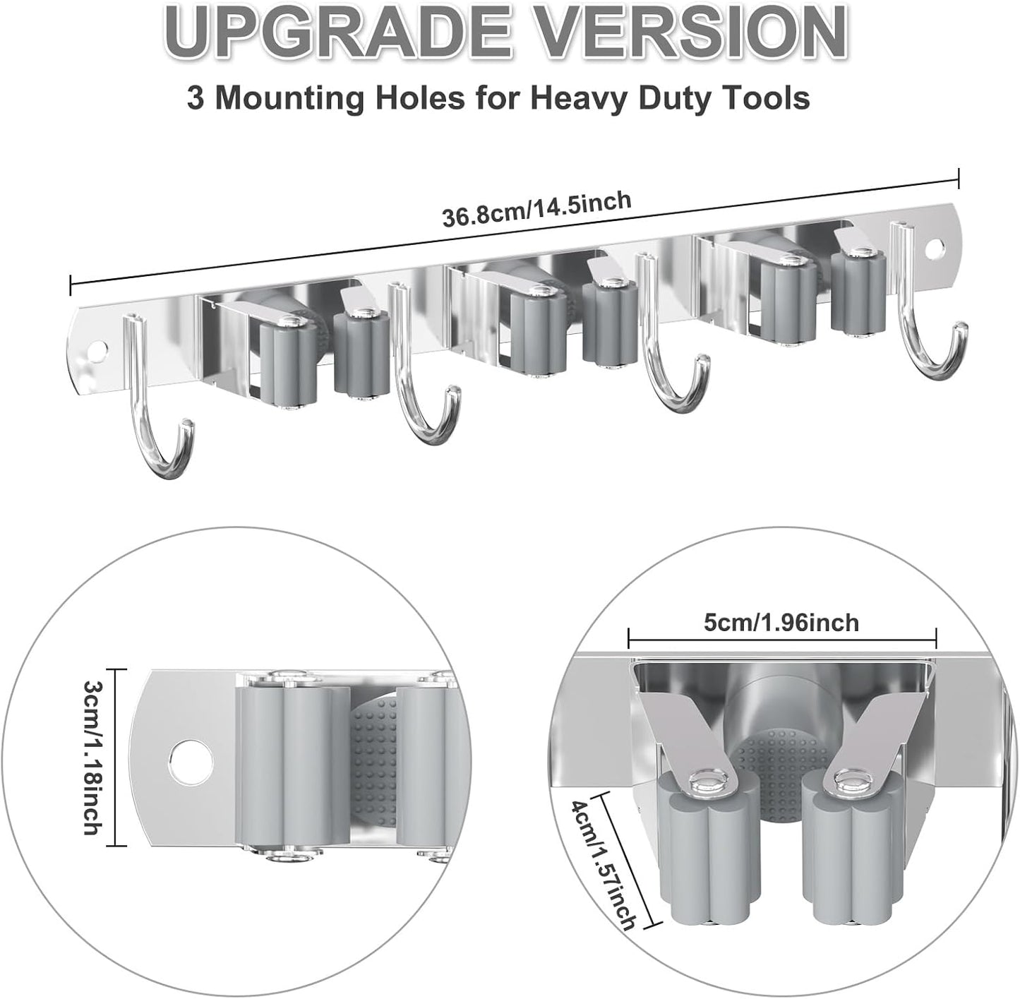 HANZENMA Broom Holder Wall Mount, Broom Organizer Wall Mount Stainless Steel Broom and Mop Hanger Heavy Duty Storage Organization for Home Kitchen Garden Garage Room 5 Racks 4 Hooks