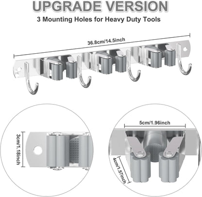 HANZENMA Broom Holder Wall Mount, Broom Organizer Wall Mount Stainless Steel Broom and Mop Hanger Heavy Duty Storage Organization for Home Kitchen Garden Garage Room 5 Racks 4 Hooks