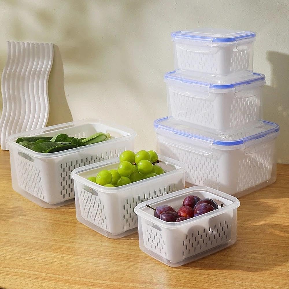 Yuonry 4 in 1 Food Storage Container, Fruit Storage Containers for Fridge, Produce Containers with Lid and Strainer, Including Drain Basket, Multipurpose Large Fruit Container for Fridge(Blue)