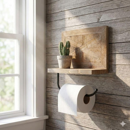 Autumn Alley Rustic Farmhouse Toilet Paper Holder with Shelf for Wipes - Rustic Farmhouse Bathroom Decor - Farmhouse Bathroom Accessories and Western Bathroom Decor Wall Mounted, Brown Wood