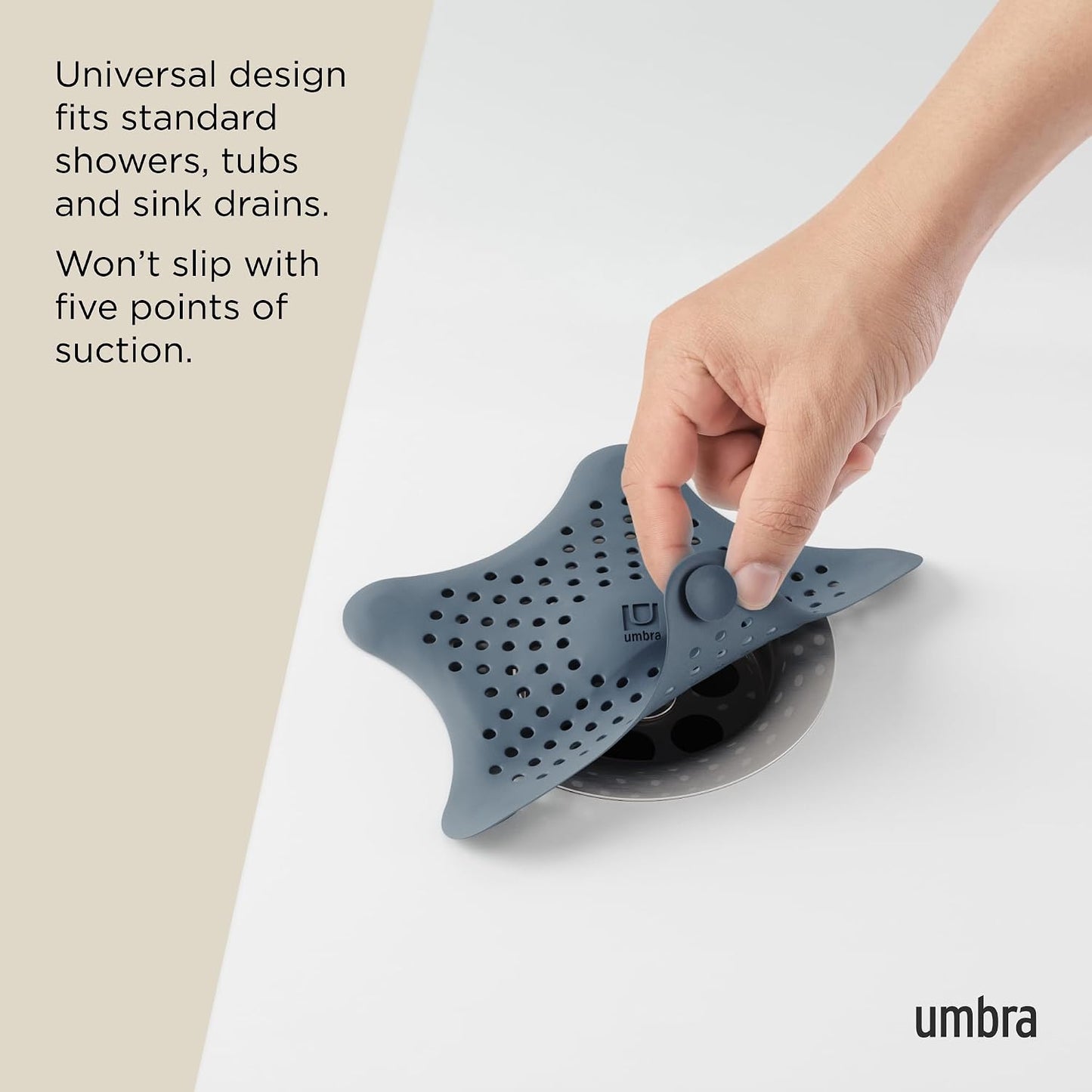 Umbra Starfish Hair Catcher, Suction Cup Drain Cover, 6-Inch, White | Silicone material, flexible and durable, water resistant seal, easy to clean, rust proof, fits standard tubs