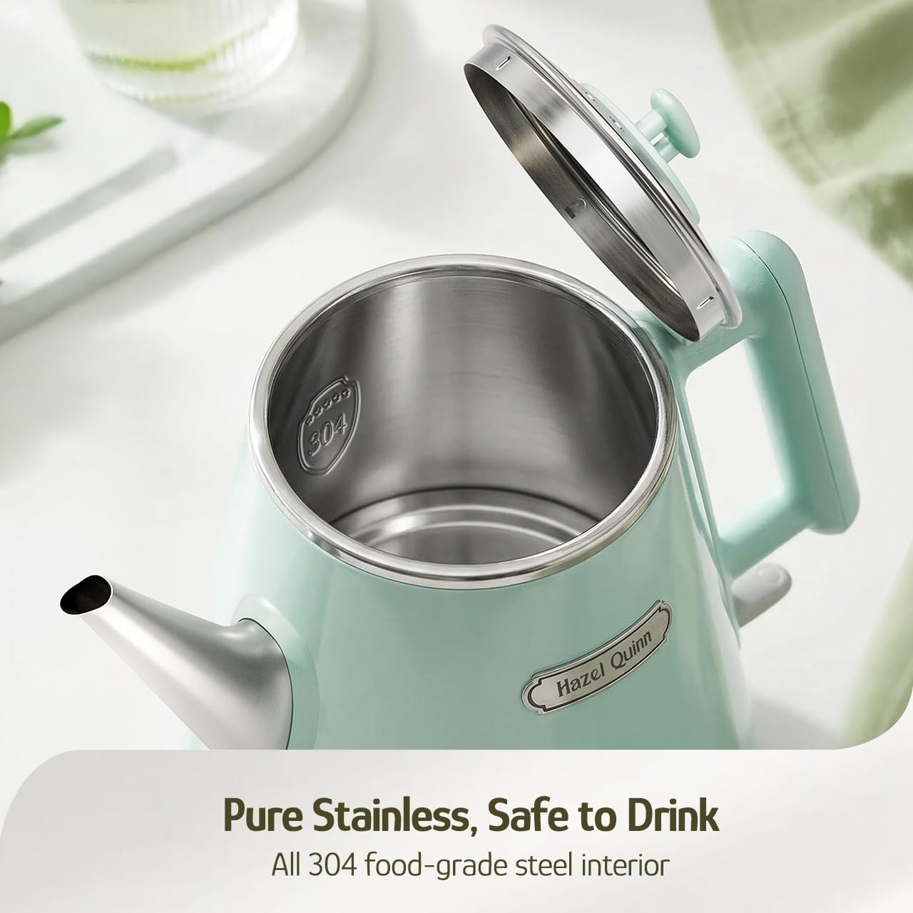 Hazel Quinn Electric Kettle, 1L/34oz Small Tea Kettle - Pearl White | 800W Fast Boil, 304 Stainless Steel Interior, Double-Wall Cool Touch, Gooseneck Spout, Auto Shut-Off, BPA-Free Cordless Home