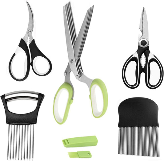 5-Blade Herb Scissors, Kitchen Shears, Seafood Scissors, Onion Holder Slicer and Potato Crinkle Cutter, yamesu Kitchen Gadget Salad Herb Tools 5 Sets