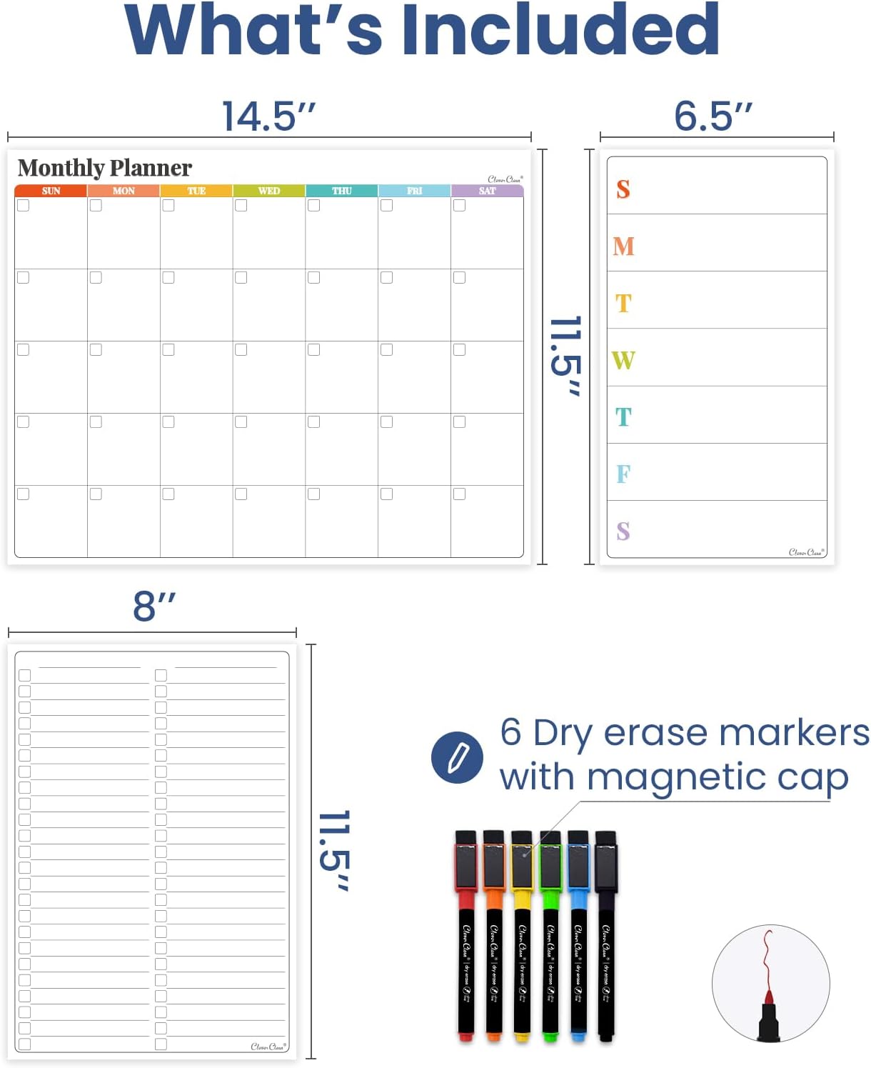Non-Magnetic Dry Erase Calendar Set for Fridge - Reusable Monthly and Weekly Calendar Sticks to Most Smooth Surfaces - 6 Dry Erase Markers Included - Shipped Flat