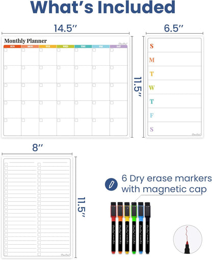 Non-Magnetic Dry Erase Calendar Set for Fridge - Reusable Monthly and Weekly Calendar Sticks to Most Smooth Surfaces - 6 Dry Erase Markers Included - Shipped Flat