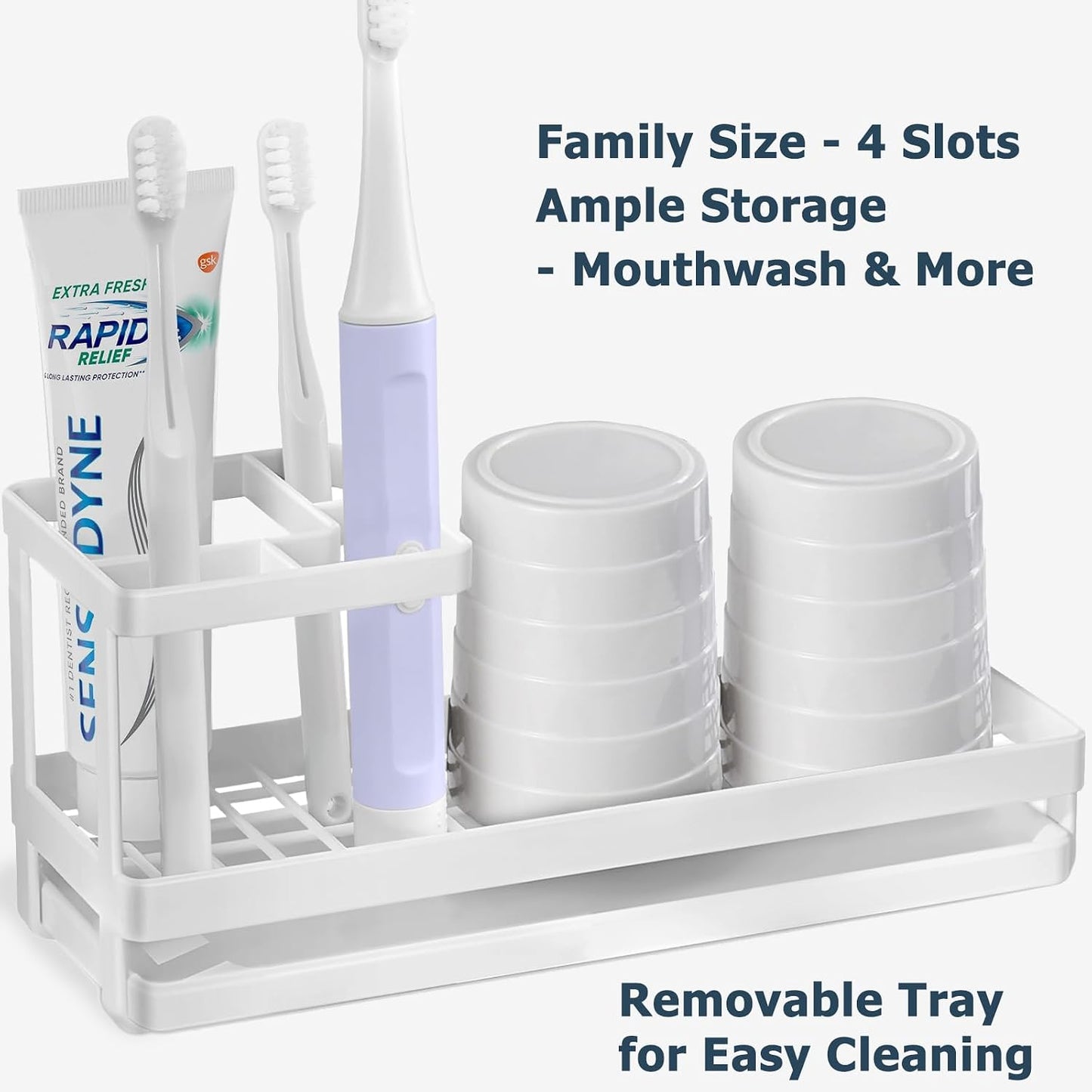 Toothbrush Holders for Bathrooms, 4 Slots Metal Tooth Brushing Organizer | Rustproof Electric Tooth Brush Toothpaste Holder with Drainage for Bathroom Countertop, White