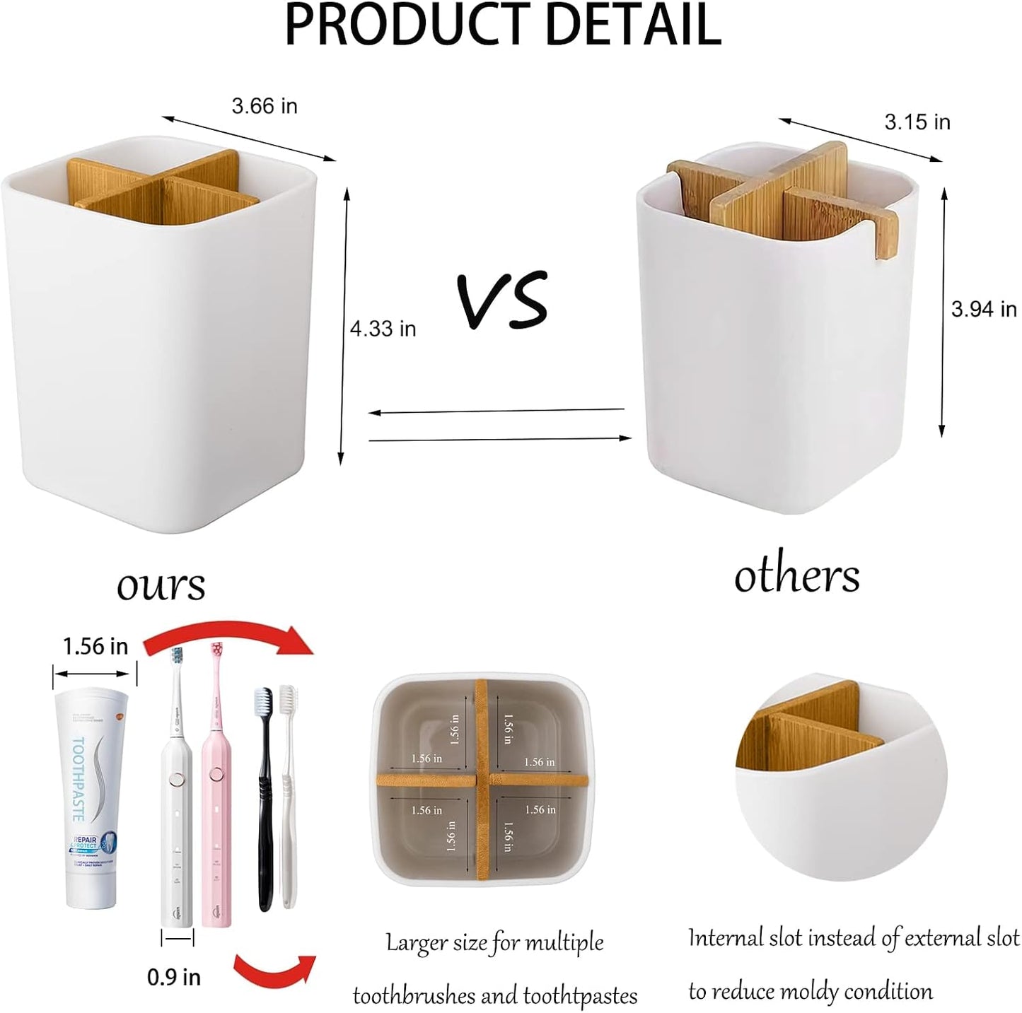 Bamboo Toothbrush Holder for Bathrooms Toothpaste Organizer - Black | Detachable Inserts, 3 Slots, Bathroom Counter Organizer, for Kids Electric Toothbrushes, Floss, Razors