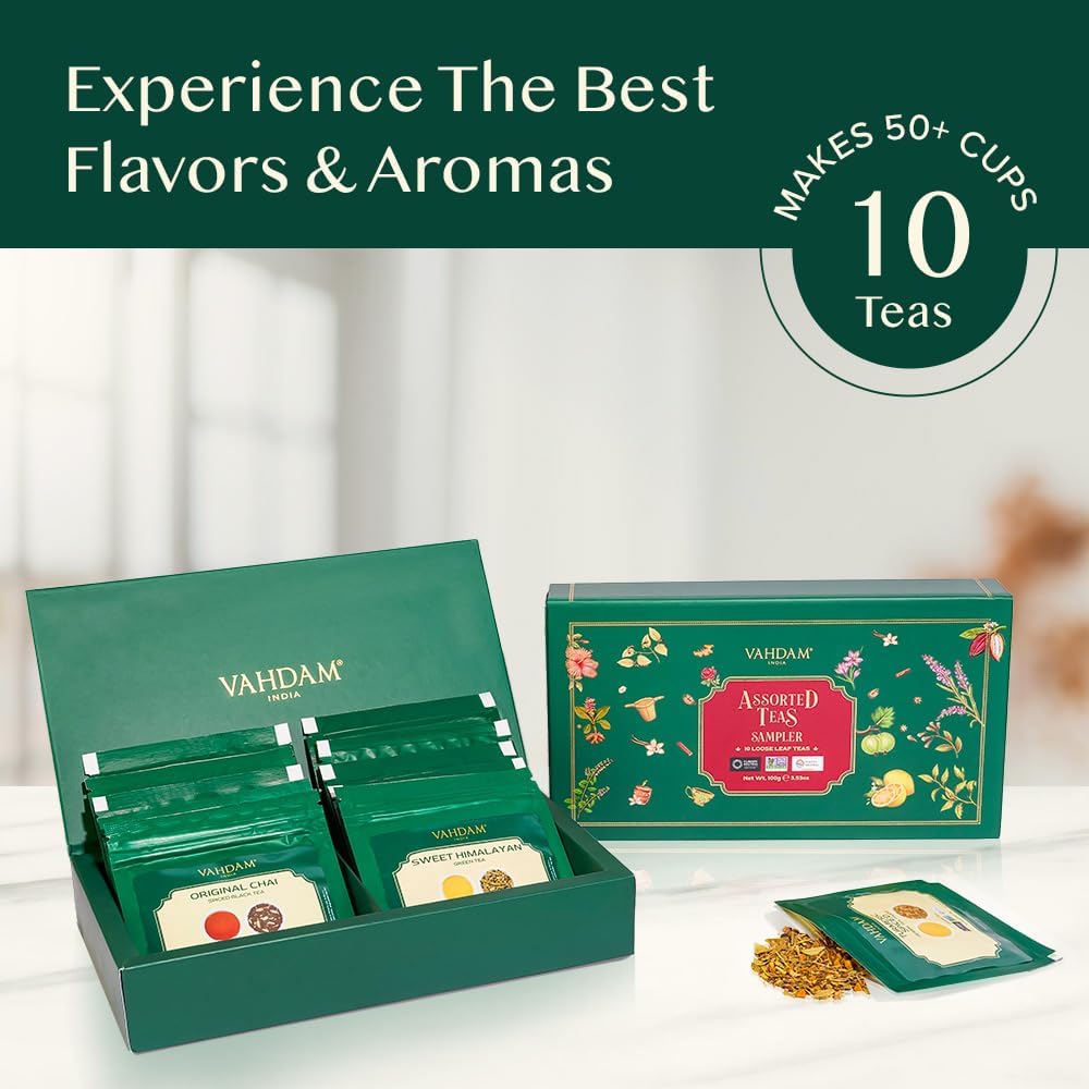 VAHDAM, Assorted Herbal Tea Sampler (18 Tea Bags, 9 Flavors) Caffeine-Free, Non-GMO | Double Infusion, Individually Enveloped Tea Bags | Herbal Tea Assortmen