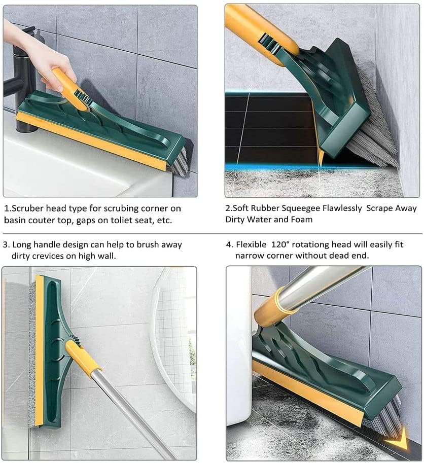 2 in 1 Cleaning Scrub Brush Grout Brush Scrapee 3 Poles 47.6'' Floor Scrub Brush with Long Handle V-Shape Stiff Bristle Brush Scrubber with Squeegee 120°Rotate Shower Scruber for Bathroom Glass