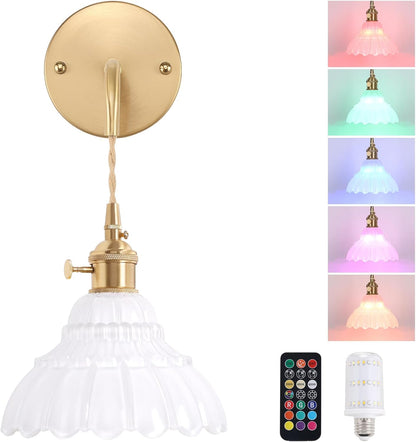 Shenmoyl Battery Operated Wall Sconce Wall Lamp with Green Lily of the Valley Shade Pattern Glass Adjustable Chain Retro Gold Wall Mounted Light, Modern Wall Lamp Fixtures Decor for Bedside Bedroom