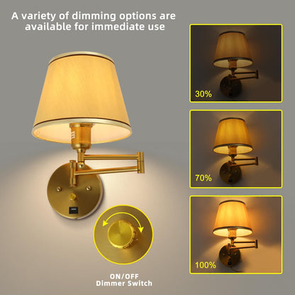 Swing Arm Wall Lamp Plug in Wall Sconces Adjustable Vintage Industrial Reading Light Bedside Wall Mount Light with Dimmable Switch and USB Port Black