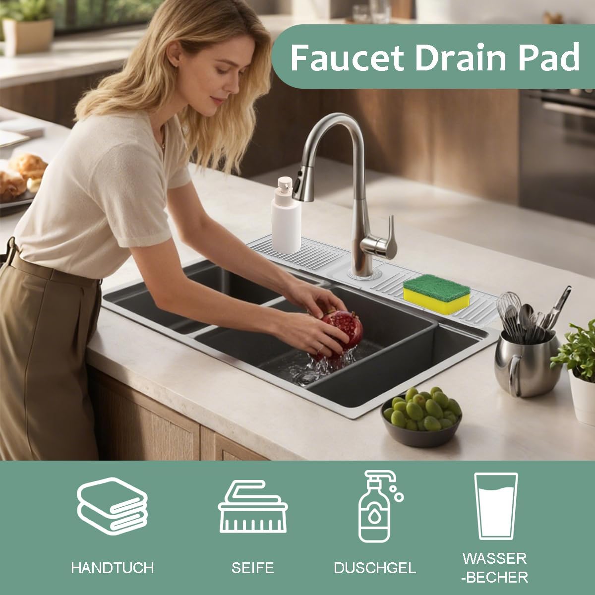 24 Inch Upgraded Draining Mat Folding faucet Mat for Bathroom Sink Splash Guard 7° Slope with Button Lock Water Draining Pad for Kitchen Bathroom Bar(Pink)