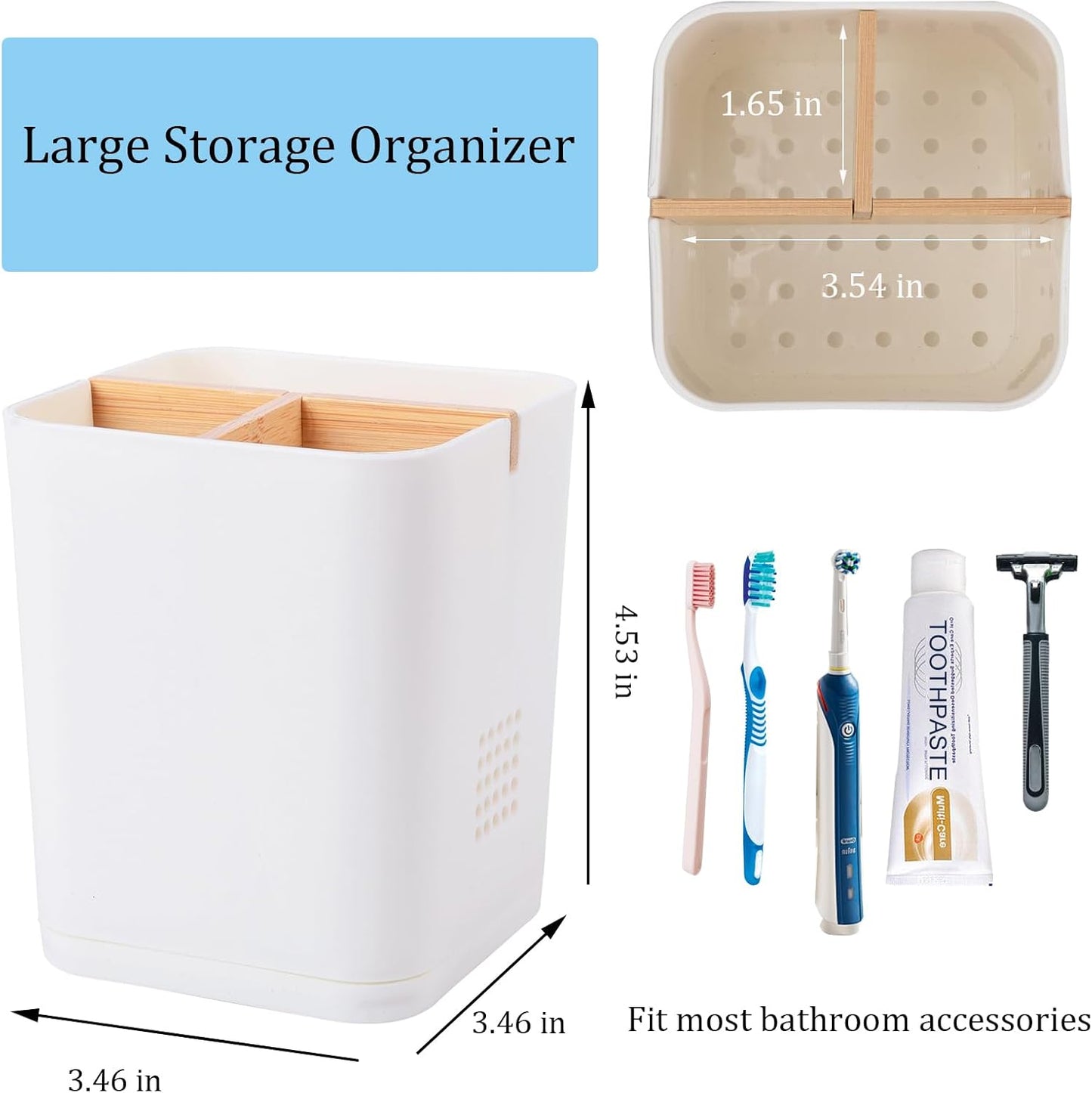 Electric Toothbrush Holder Tooth Brush and Toothpaste Organizer, Black | 3 Slots, Drainage Holes, Removable Bamboo Divider, Ventilation Design, Space-Saving, for Bathroom Countertop, Shower, Vanity