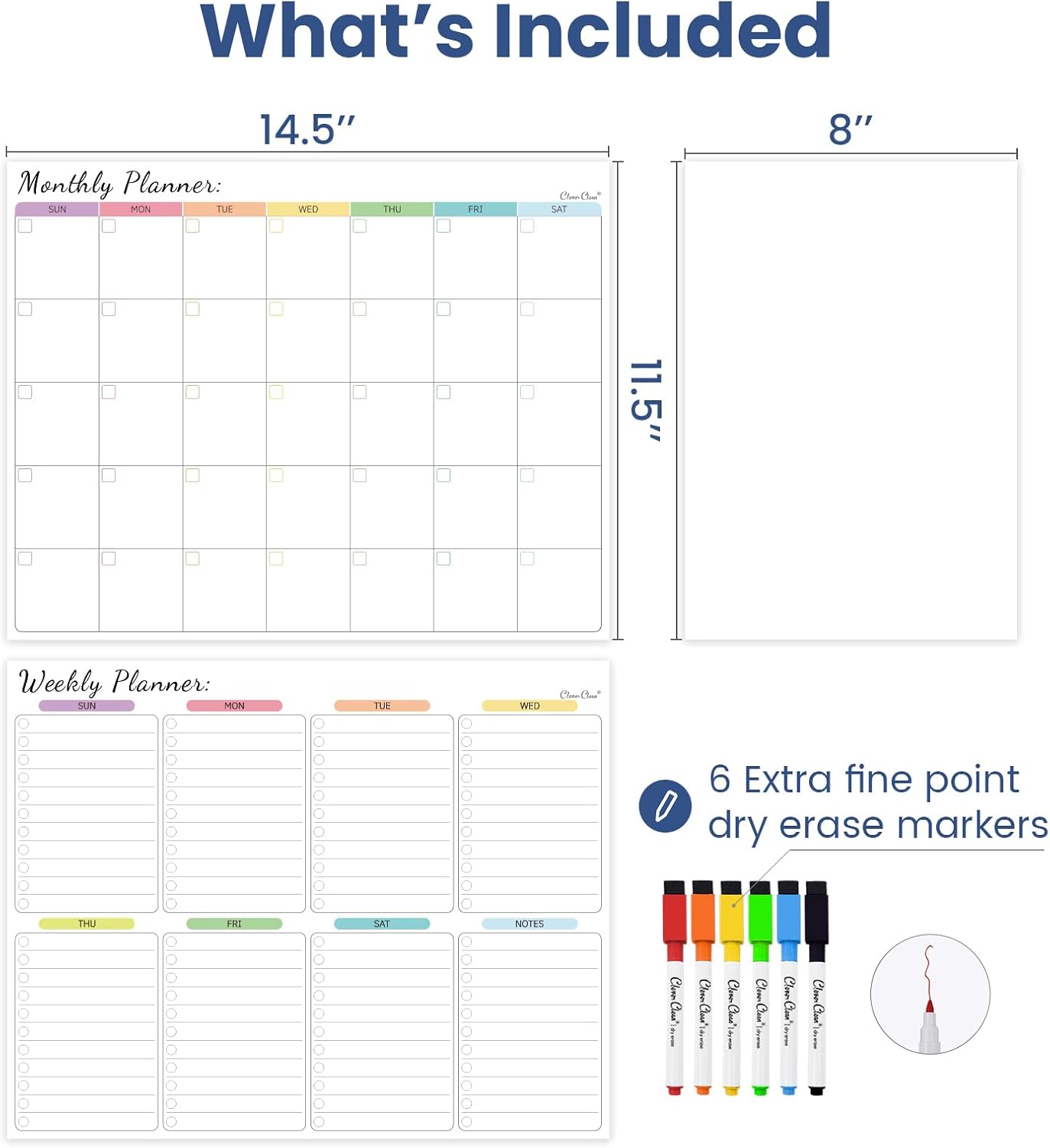 Non-Magnetic Dry Erase Calendar Set for Fridge - Reusable Monthly and Weekly Calendar Sticks to Most Smooth Surfaces - 6 Dry Erase Markers Included - Shipped Flat