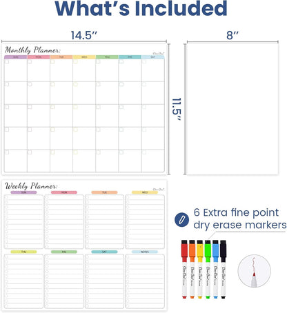 Non-Magnetic Dry Erase Calendar Set for Fridge - Reusable Monthly and Weekly Calendar Sticks to Most Smooth Surfaces - 6 Dry Erase Markers Included - Shipped Flat