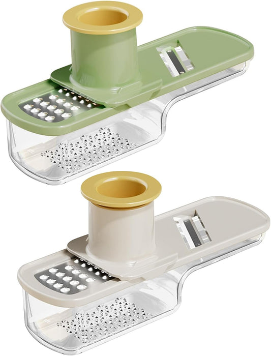 2 Pieces Mini Mandoline Slicer 3 in 1 - Ginger Garlic Grater, Vegetable Chopper with Container, Easy Grip Handheld Kitchen Tool, Safety Guard, for Camping Cooking and Picnic
