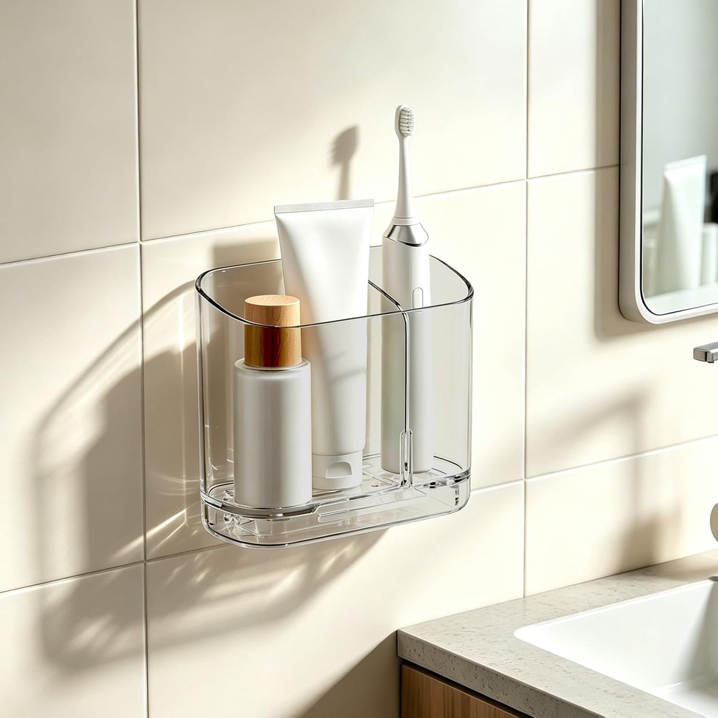 2-Slot Electric Toothbrush Holder Wall & Counter, No-Drill | Self-adhesive waterproof, Drainage holes, Keeps dry, Fits counter/wall, For bathroom vanity,, Small Size