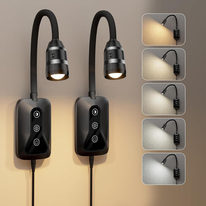 Wall Mounted LED Reading Light for Bed Headboard - 5 Color & Brightness Levels Dimmable Book Light with Touch/Wave Control, USB Output - Night Reading Lamp for Books in Bed