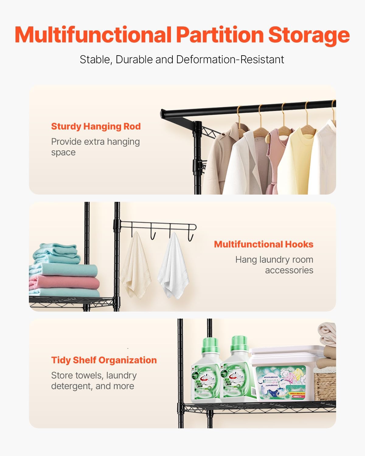 VEVOR Over The Washer and Dryer Storage Shelf, 3 Tier Laundry Room Drying Rack with Hanger Rod and Hooks, Adjustable Over Washer and Dryer Shelves, Laundry Room Shelf Storage Space Saver, White