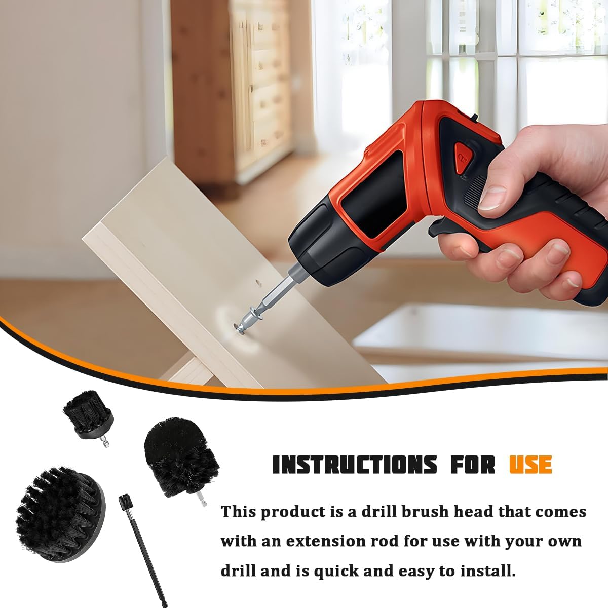 4PCS Drill Brush Attachment Kit with Extension Rod, Red | PP bristles with steel shafts, three brush sizes, quick-change extension rod, follows curved surfaces, compact storage