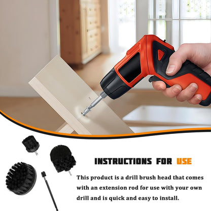 4PCS Drill Brush Attachment Kit with Extension Rod, Red | PP bristles with steel shafts, three brush sizes, quick-change extension rod, follows curved surfaces, compact storage