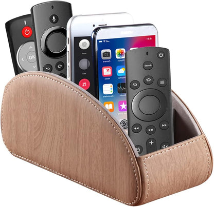 Pu Leather TV Remote Control Holder with 5 Compartments,Remote Caddy/Tray | Bedside Table Desk Storage Box/Organizer for Pen,DVD,Blu-Ray,Media Player,Heater Controller,Cosmetics,Glasses,Office Supplies