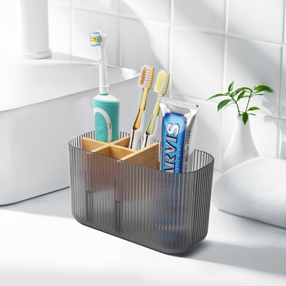GFWARE Toothbrush Holders for Bathrooms - Bamboo Divider Toothbrush and Toothpaste Holder with Drainage, Kids Electric Toothbrush Organizer for Bathroom Countertop, White Tooth Brush Holder | 5 Slots Toothbrush and Toothpaste Holder with Bamboo Divider,